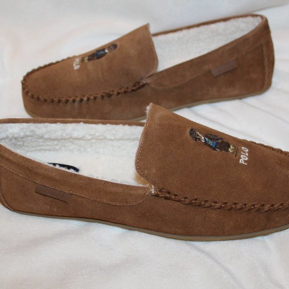 NIB POLO RALPH LAUREN MEN'S SUEDE FUR LINED‎ BEAR BROWN SLIP ON SLIPPERS - Picture 3 of 7